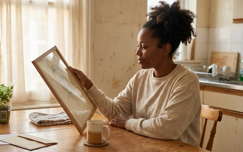 A woman at a kitchen table holding a framed graphite sketch, the drawn face turned away from the light.